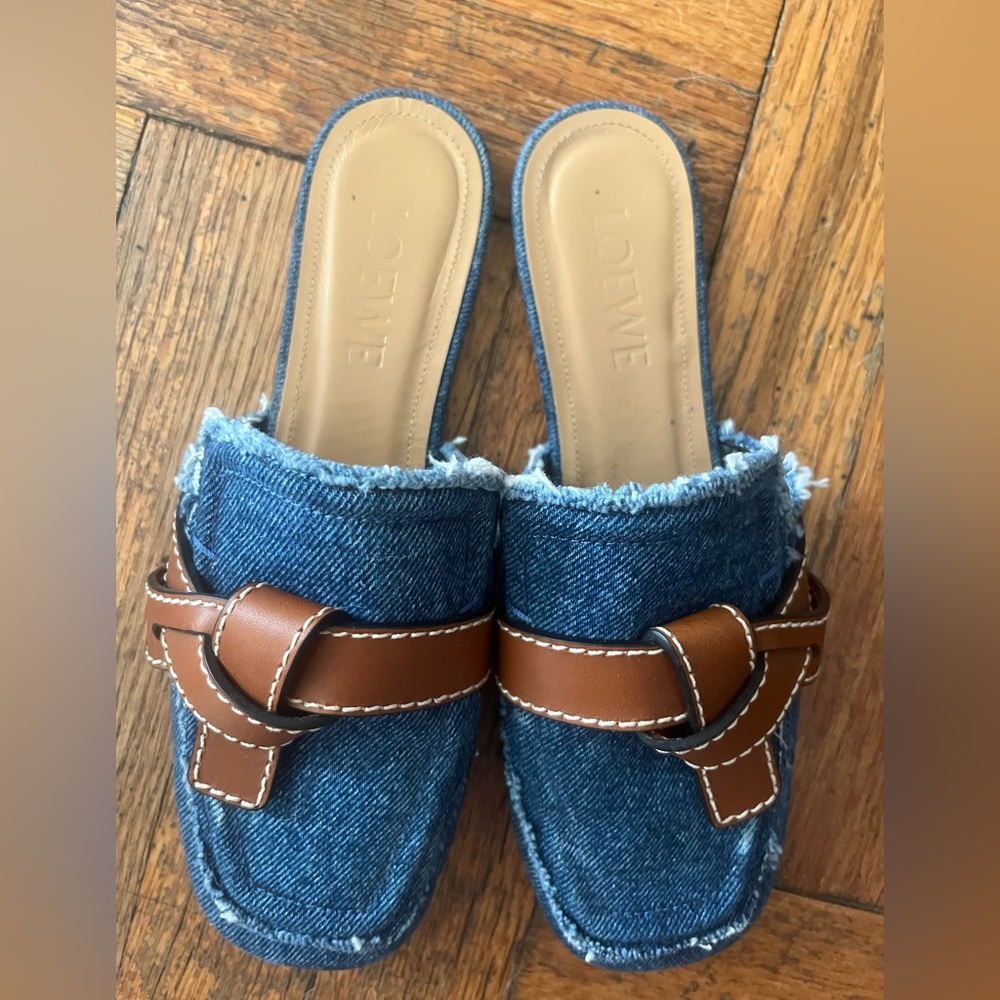 Loewe Denim and Brown Mules with Leather Strap